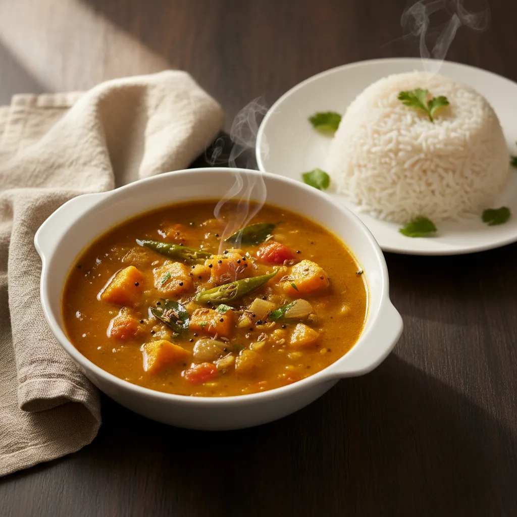 Pumpkin Sambar (Lentil Soup) with Steamed Rice